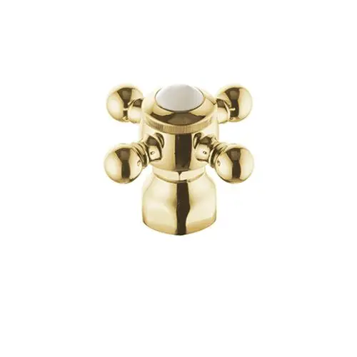 Goldfarbener Kreuzgriff mit Haube für Armaturen, Hersteller Kludi. Der Griff hat mehrere runde Köpfe und eine zentrale Drehknopf. Geeignet als Ersatzteil für Sanitäranlagen.